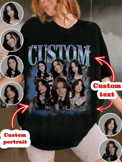 Women's Customized Graphic Oversized T-Shirt, Gift For Girlfriend/Wife, Valentine's Day Gift,- Add Your Own Text And Images (Family Photo/Selfie/Pet Photo/Friend Photo/Party Photo) To Design Your Own Personalized Printed T-Shirt, Baby/Couple/Family/Pet Photos, Anniversary Gift, Valentine's Day, Christmas, Thanksgiving, New Year Patterns, Logo, Business, Wedding Gift, Party, Birthday Gift, Halloween Costume, Christmas