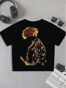Anime Character Print T-Shirt, Men's Double-Sided Print T-Shirt, Fashion Casual Crew Neck 220gsm Cotton (1 Piece) - 黑色 - 查看 3