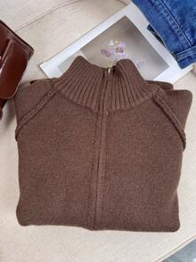 Wixra Korean Loose Knit Cardigan, Stand Collar Raglan Sleeve, Two-Way Zipper Design, Solid Color, Collegiate Style, Essential For Layering In Autumn/Winter - Brown - View 5