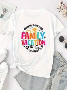 Camiseta Casual De Manga Corta Para Mujer - Estampado 'Creando Recuerdos Vacaciones Familiares 2025', Diseño Geométrico Colorido, Tejido Elástico Transpirable, Cuello Redondo Top De Verano Para Salidas A La Playa Y Vacaciones En Familia, Camisetas Amigables Para Viajar, Material No Transparente, Lavable A Máquina - Blanco - Ver 2