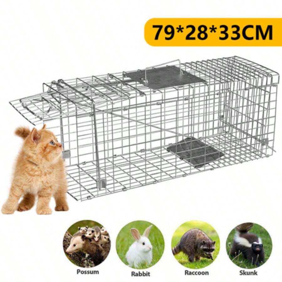 PORIYA Extra Large Humane Animal Trap Cage For Fox, Cat, Possum, Rabbit & Rat Heavy-Duty Steel Construction W/ Auto-Lock Door Collapsible For Storage - Silver - View 1