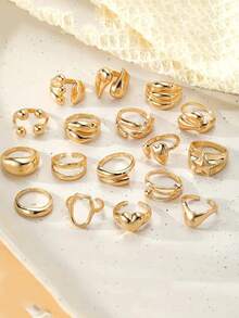 Juego de 17 piezas de anillos de mujer con diseño geométrico de líneas y bolas en estilo retro y punk exagerado, anillos apilables de moda - Amarillo Oro - Ver 3