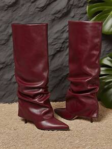 Women's Slouchy Fold Over Knee High Boots Pointed Toe Stiletto High Heel Ruched Boots Fashionable Pleated Autumn&Winter Party Dating Holiday Dress Boots - 酒紅色 - 查看 5