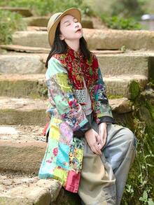 LUZU JUNU Women's Trench Coat Floral Print Long Cotton Linen Jacke Cottagecore Clothing Patchwork Outwear Bohemian Unique - 綠夾克 - 查看 2
