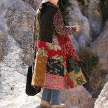 LUZU JUNU Women's Trench Coat Floral Print Long Cotton Linen Jacke Cottagecore Clothing Patchwork Outwear Bohemian Unique - 黃色暖色絎縫 - 查看 3