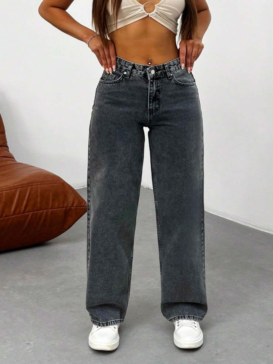 Kadın Koyu Mavi Soluk Efekt Likralı Yüksek Bel Geniş Paça Bol,Salaş Palazzo Jeans - Dark Grey - View 1