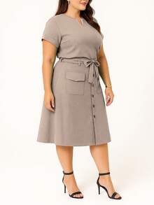 Women's Plus Size Linen Set, Basic Blouse And Midi Skirt, Social Evangelical Fashion, Cargo Pocket With Buttons And Bow - 米色 - 查看 3