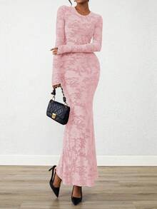 Women Elegant Floral Lace Long Sleeve Bodycon Maxi Dress Spring Fall Autumn Prom Wedding Guest Outfits - 粉色 - 查看 4