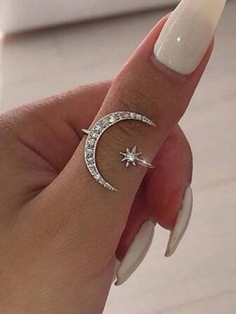 1 pieza Anillo abierto de lujo con estrella y luna retro, anillo de mujer de moda, accesorios de mujer, regalo perfecto para el Día de San Valentín y el Día de la Madre
