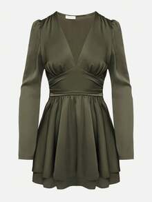 Satin Mini Dress With Deep Neckline And Tie Back - Khaki - View 6