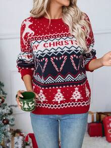 Pulover de Crăciun cu guler rotund, nou-venit, stil simplu cu model de Crăciun, mânecă lungă, potrivit pentru ieșiri casual și purtare zilnică, ideal și pentru petreceri de Crăciun, reuniuni de familie, o alegere perfectă pentru ținutele de toamnă/iarnă ale femeilor. - roșu - Vizualizare 5