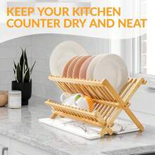 Foldable Bamboo Dish Drainer - Kitchen - Kitchen Utensils - Storage Box For Pots And Pans - Plate Rack, Dish Rack, Cup Drainer, Suitable For Dishes, Plates, Bowls, Cups - Màu gỗ - Xem 3