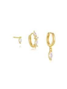 3pcs Asymmetric Zirconia 925 Sterling Silver Single Earrings, Women's Pierced Earrings, Suitable For Wedding Bride Jewelry - Gold - View 7