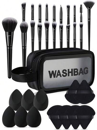 Set de 33 piezas de herramientas de maquillaje, que incluye 20 brochas, 6 esponjas de belleza, 6 esponjas triangulares y 1 bolsa de maquillaje. Ideal para el maquillaje facial diario y los viajes.