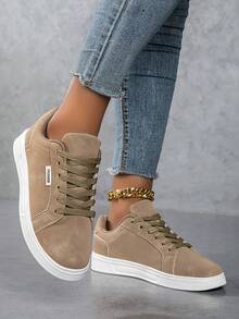 Women's Casual Sneakers, Fashion Streetwear White Shoes, Lightweight Skateboard Shoes - Khaki - View 5