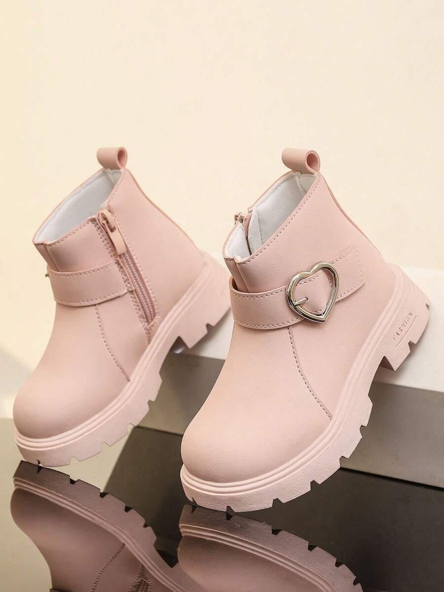 New Round Toe Children's Boots, Casual Retro Flat Bottom Girls' Short Boots, Non-Slip Wear-Resistant Big Kids' Shoes, Girls' Students' Punk Boots - Pink - View 1