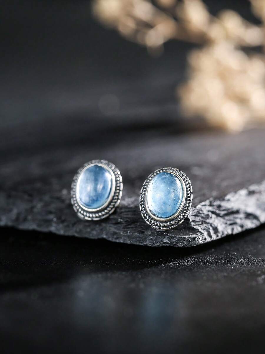Vintage Floral 925 Sterling Silver Earrings Birthstone 8x6mm Oval Aquamarine Natural Gemstone Exquisite Handmade Boho Jewelry Gifts