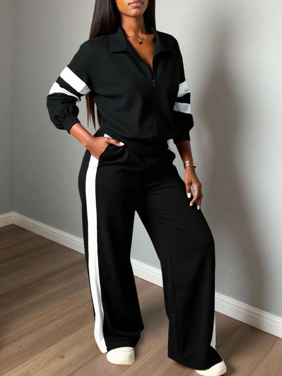 Plus Size Women Casual Sports Street Style Stand Collar Zip-Up Long Sleeve Sweatshirt And Wide Leg Pants 2 Pieces Set, New Arrival In White And Black Color Block Sporty Outfit, Casual Beach Sports Sweatshirt Hoodie For Outdoor, Office, Home, Airport, Spring Autumn, Graduation, Back To School, Teacher Outfit, Loose Fit Long Sleeve Top And Wide Leg Pants