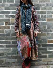 LUZU JUNU Women's Trench Coat Floral Print Long Cotton Linen Jacke Cottagecore Clothing Patchwork Outwear Bohemian Unique - 黃色暖色絎縫 - 查看 10