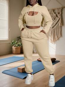 Womens 3 Piece Tracksuits Sexy Workout Sets Fall Long Sleeve Pullover Hoodie With Tank Top & Joggers Sweatsuit Outfits Gym Yoga Casual Wear - 杏色 - 查看 3