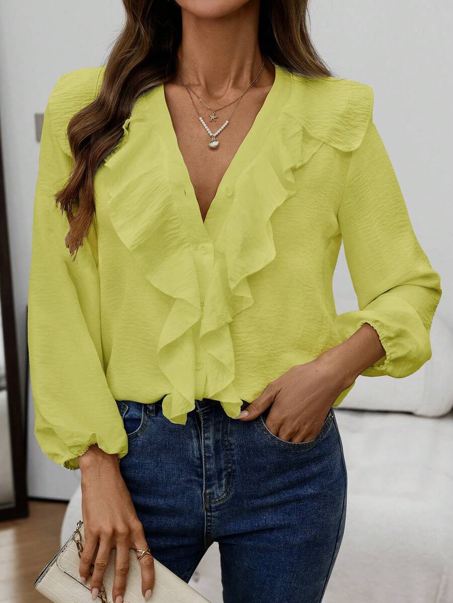 女士时尚优雅休闲荷叶边V领长袖衬衫，春秋季 - 果綠色 - 查看 1