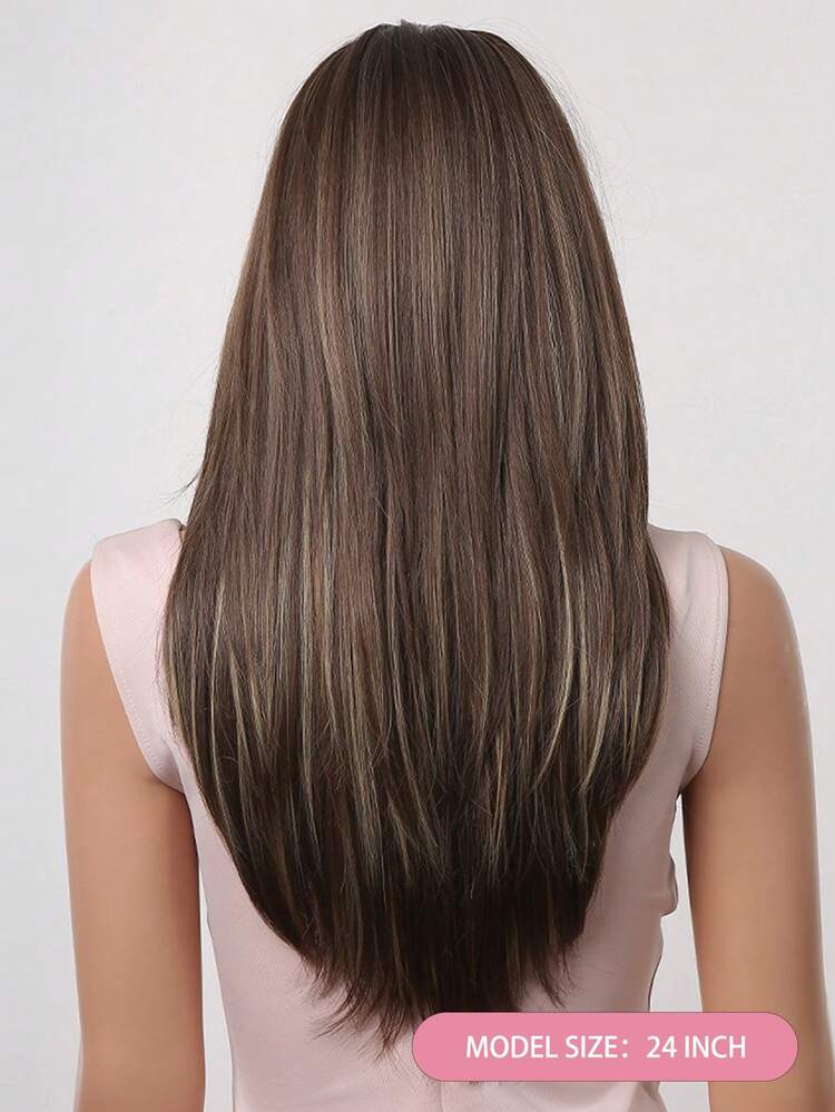 Tóc giả nguyên đầu màu nâu highlight | 24 inch | Tóc dài thẳng tỉa layer có mái, mềm mượt, sợi tổng hợp chịu nhiệt, dành cho nữ, cosplay, thoải mái thoáng khí, vẻ ngoài tự nhiên, chống rối, phù hợp lễ hội và phối đồ hàng ngày - Màu nâu highlight - Xem 6