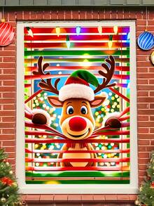 1pc Christmas Window Decoration, Reindeer Santa Snowman Pattern Background Cloth, Indoor/Outdoor Decor, Suitable For Christmas Theme Party Hanging Decor, No Power Needed, Winter Home Decor, Christmas Decoration, Not Sticker - Multicolor - View 3