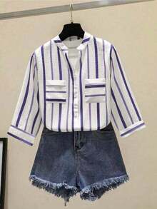 Women's Casual Comfortable Commuting Elegant Striped Pocket V-Neck Button-Down Shirt Summer Top - Purple - View 3