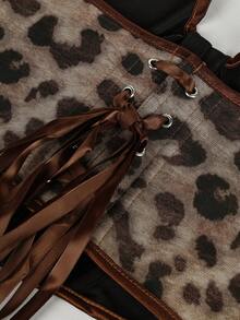 豹纹性感V领上衣，前系带镂空设计，后系带，适合派对/节日休闲夏季穿着 - 彩色 - 查看 6