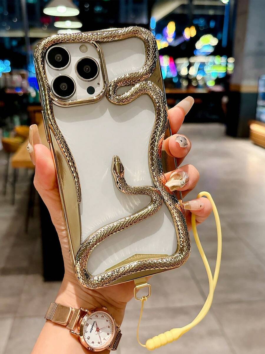 Fashionable New Champagne Electroplated 3D Creative Interesting Hollow Breathable Mini Snake Phone Case With Metal Triangle Pad, Silicone Lanyard, Compatible With Iphone 16 Pro Max/Compatible With Iphone 15/Compatible With Iphone 17 Pro Max - Gold - View 1