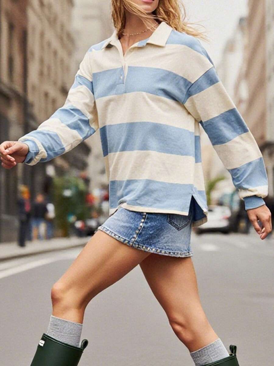 Y2k Women Striped Rugby Polo Shirt Long Sleeve Collared Oversized Vneck Sweatshirt Vintage Jersey Girls Streetwear - 藍色 - 查看 1