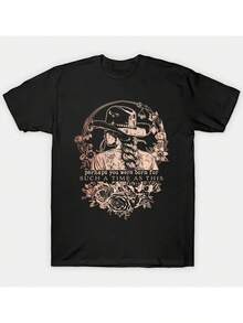 Men'S Vintage Graphic T-Shirt - Heavyweight 220gsm Cotton Tee With Floral & Clock Design, Loose Fit Retro Shirt For Everyday & Formal Wear - All-Season Casual Top, Versatile Clothing, Artistic Print, Durable Construction, Statement Piece, Streetwear Lovers - Black - View 1