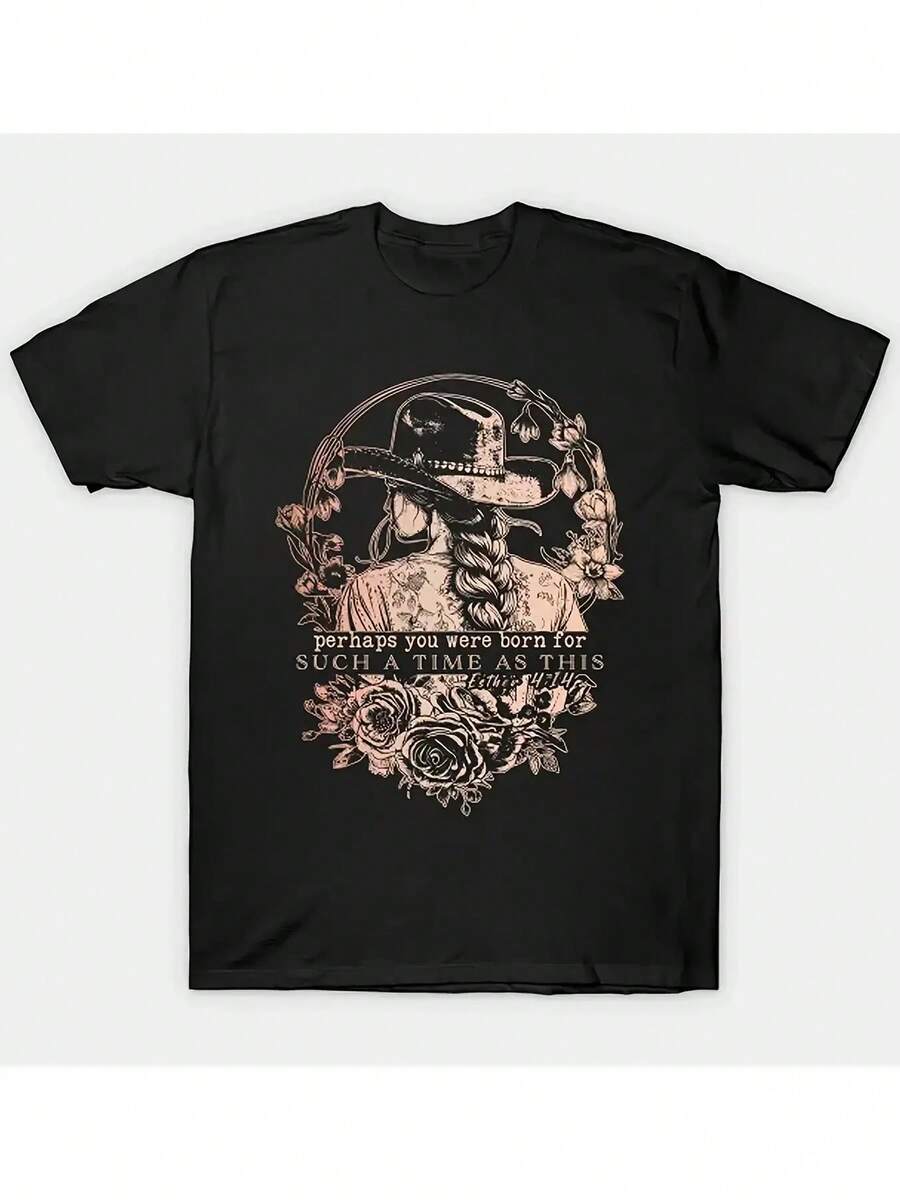 Men'S Vintage Graphic T-Shirt - Heavyweight 220gsm Cotton Tee With Floral & Clock Design, Loose Fit Retro Shirt For Everyday & Formal Wear - All-Season Casual Top, Versatile Clothing, Artistic Print, Durable Construction, Statement Piece, Streetwear Lovers - Black - View 1