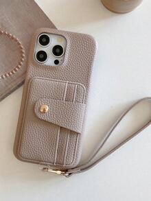 1pc Minimalist Stylish Litchi Texture PU Leather Lanyard Phone Case Wallet Compatible With IPhone 17 Air 16 16E 15 14 Plus 13 12 11 Pro Max, Pixel 10 9 Pro XL 8 7 6 9A 8A 7A 6A, Galaxy A15 A16 A25 A36 A56 A73 A06 A03 A03S A04S A81 A12 A13 A14 A22 A23 A24 A32 A52 A71 4G A34 A42 A53 A54 5G A21 A21S 2020 Note 20 10 Lite S20 S21 FE S22 S23 S24 S25 Plus Ultra, Faux Leather Protective Cover - Gray+028 - View 9