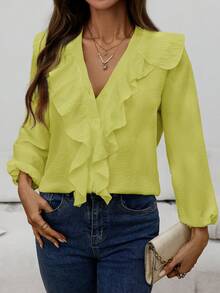 女士时尚优雅休闲荷叶边V领长袖衬衫，春秋季 - 果綠色 - 查看 3