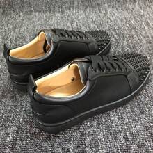 Red Sole Shoes Low Top Leather Shoes Rivet Anti Slip Wear-Resistant Lace-Up Board Shoes Casual Breathable - Da đen - Xem 5