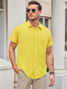 Men's Plain Vicose Social Basic Short Sleeve Summer Shirt - 黃色 - 查看 1