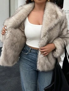 Doriss 大码翻领皮草大衣，冬季款，纽扣式，款式端庄，商务休闲女装，新年、优雅派对、感恩节等场合皆宜。 - 卡其色 - 查看 4