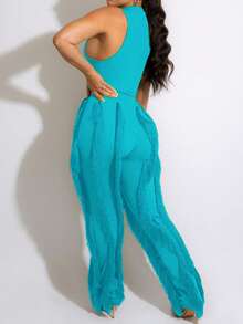 Women 2 Piece Outfits Fringe Tassel Long Pants Set Adjustable Suspenders Bodysuit Strap Clubwear Jumpsuits Solid Color Wave Pattern, V-Neck Suitable For All Seasons, Elegant Backless  Semi Transparent Camisole Straight Leg Pants For Spring And Summer - 淺藍色 - 查看 3
