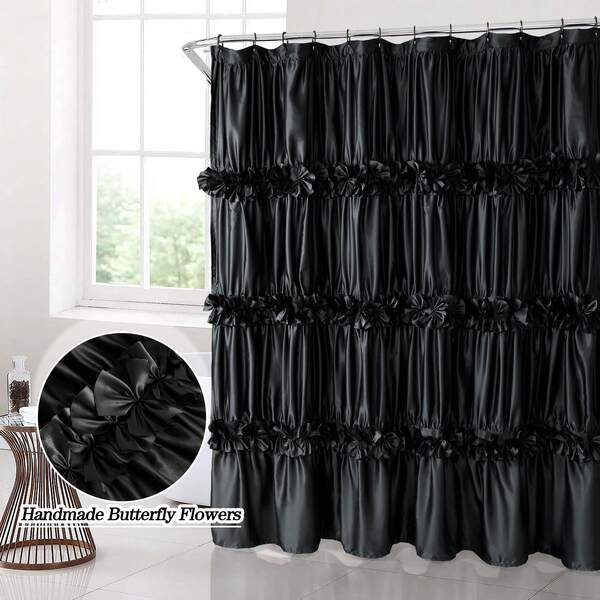 Victorian Ruffle Fabric Shower Curtain, Vintage Handcrafted Bow Tie Bath Curtain For Master Bathroom, Ruched Microfiber Bathroom Curtain With 12 Buttonholes, 72" W X 72" H