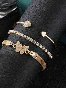 3pcs Luxury Simple Personalized Rhinestone Butterfly & Heart Design Stacking Bangle Bracelet Set For Women, Elegant - 黃金 - 查看 4