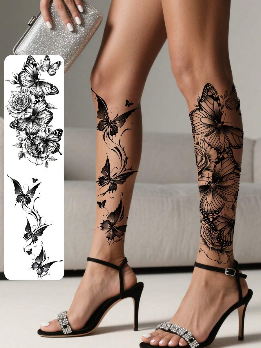 2 件黑色花朵和蝴蝶临时纹身贴纸，女士适用，防水持久假纹身，适用于手臂、腿部和胸部 - 黑色 - 查看 1