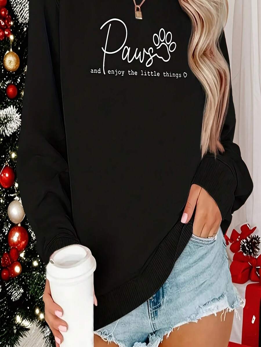Women's Black With White Letters Printed Sweatshirt - Cozy Fall/Winter Pullover, Long Sleeves, Crew Neck, Casual, Perfect For Halloween Party Outfits, Everyday Fall Fashion And Fall/Winter Outfits, Playful Design, Soft Fabric, Comfortable Material, Fashion Apparel