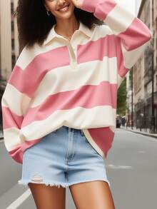 Y2k Women Striped Rugby Polo Shirt Long Sleeve Collared Oversized Vneck Sweatshirt Vintage Jersey Girls Streetwear - 紅色 - 查看 3