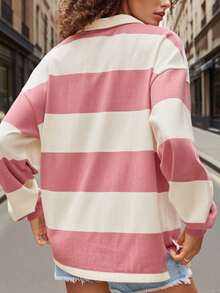Y2k Women Striped Rugby Polo Shirt Long Sleeve Collared Oversized Vneck Sweatshirt Vintage Jersey Girls Streetwear - 紅色 - 查看 5