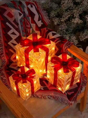 3pcs Set: Elegant Christmas Luminous Decorative Light, Detachable Gift Box And Lighting (Battery/USB Powered) Christmas Decor, Red Bow Gift Box, Suitable For Christmas, Wedding, Birthday, Indoor, Living Room, Yard, And Valentine's Day Gift! Christmas Decoration XMAS Decor Christmas Tree Gift Decor Thanksgiving Wedding Autumn Decor Birthday Decorations For Gifts Party Supplies Indoor Outdoor Garden Holiday Festival Decor Halloween Decor Wall Decor Halloween Ornaments