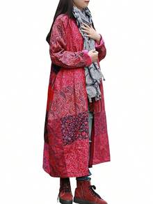 LUZU JUNU Women's Trench Coat Floral Print Long Cotton Linen Jacke Cottagecore Clothing Patchwork Outwear Bohemian Unique - Rose - 查看 4