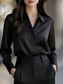 Blusa de satén de manga larga con botones elegante y sólida para mujer, para oficina, vacaciones, diario, viajes, té, primavera/otoño