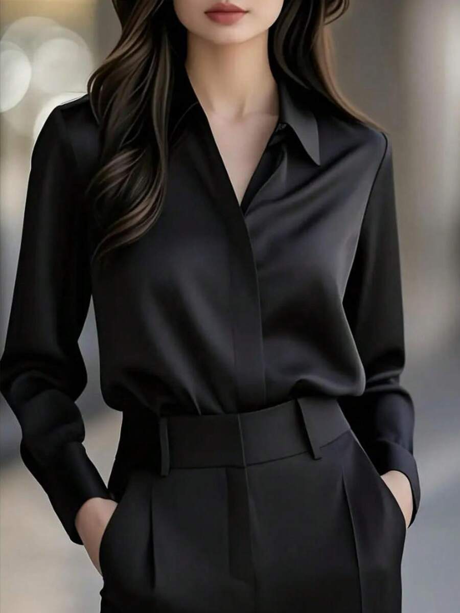 Blusa de satén de manga larga con botones elegante y sólida para mujer, para oficina, vacaciones, diario, viajes, té, primavera/otoño
