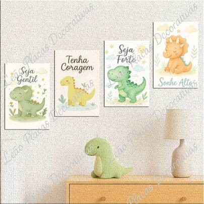 Kit 4 Quadros MDF Dinossauros Bebê – Decoração Quarto Infantil menino - dinossauro - dinos  t-rex triceraptos